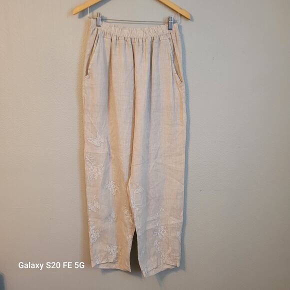Tempo‎ Paris Linen Pull On Pants Womens M Tan Embroidered Lightweight Floral - Picture 1 of 9